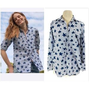 Frank & Eileen Shirt Womens Medium Blue Stripe Italian Cotyon Button Down Causal